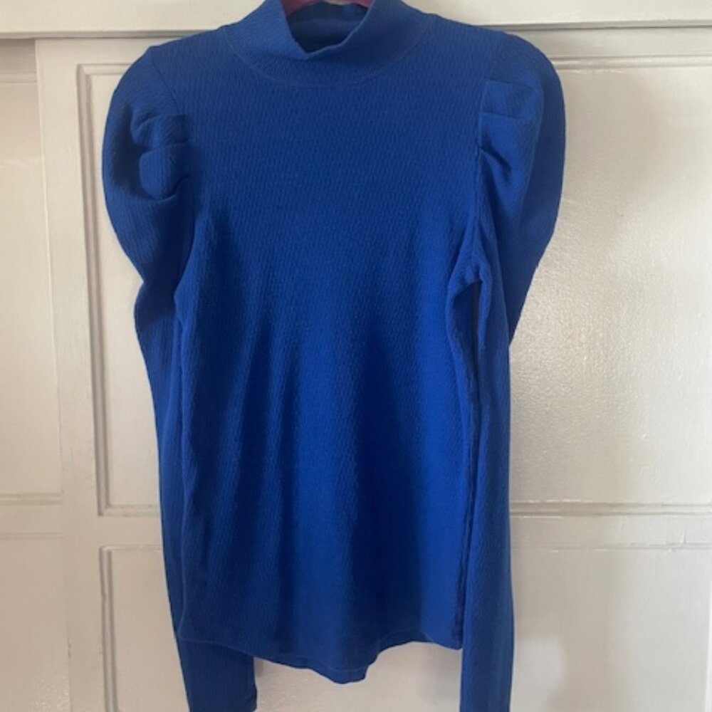 Free People Pullover Top Women's Med Blue Puffy Sleeves Elevated Basic Elegant